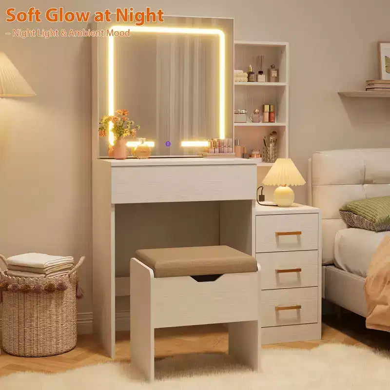 Toeletta con specchio scorrevole e luci, tavolo da trucco con sgabello e stazione di ricarica, 3 modalità di illuminazione per la camera da letto