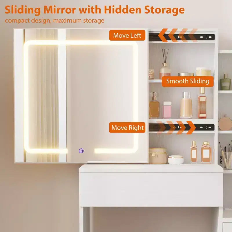Toeletta con specchio scorrevole e luci, tavolo da trucco con sgabello e stazione di ricarica, 3 modalità di illuminazione per la camera da letto