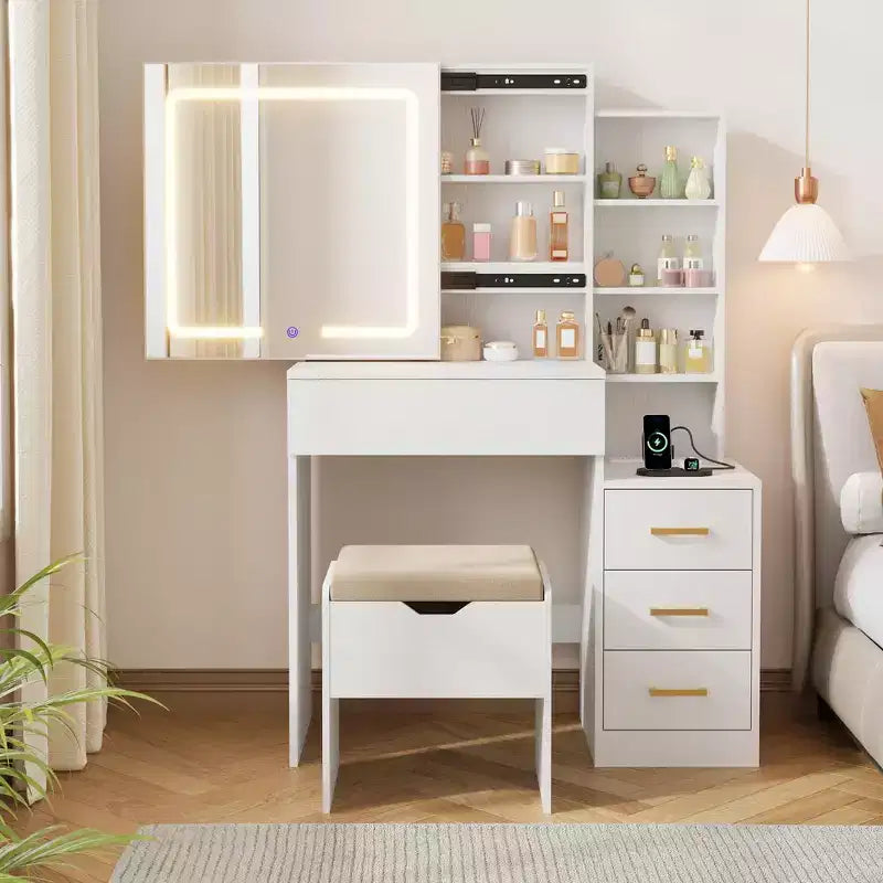 Toeletta con specchio scorrevole e luci, tavolo da trucco con sgabello e stazione di ricarica, 3 modalità di illuminazione per la camera da letto