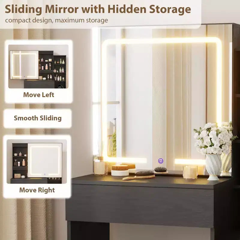 Toeletta con specchio scorrevole e luci, tavolo da trucco con sgabello e stazione di ricarica, 3 modalità di illuminazione per la camera da letto