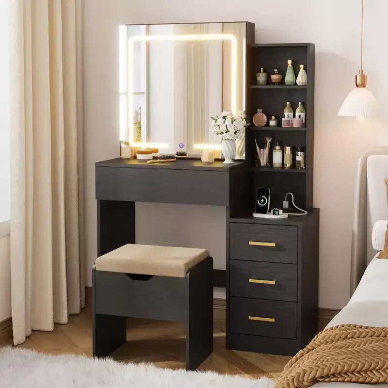 Toeletta con specchio scorrevole e luci, tavolo da trucco con sgabello e stazione di ricarica, 3 modalità di illuminazione per la camera da letto