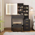 Vanity Desk with Sliding Mirror and Lights, Dressing Table with Stool and Charging Station, 3 Lighting Modes for Bedroom