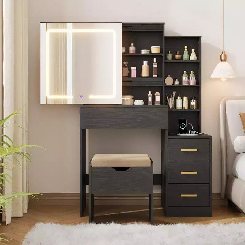 Vanity Desk with Sliding Mirror and Lights, Dressing Table with Stool and Charging Station, 3 Lighting Modes for Bedroom