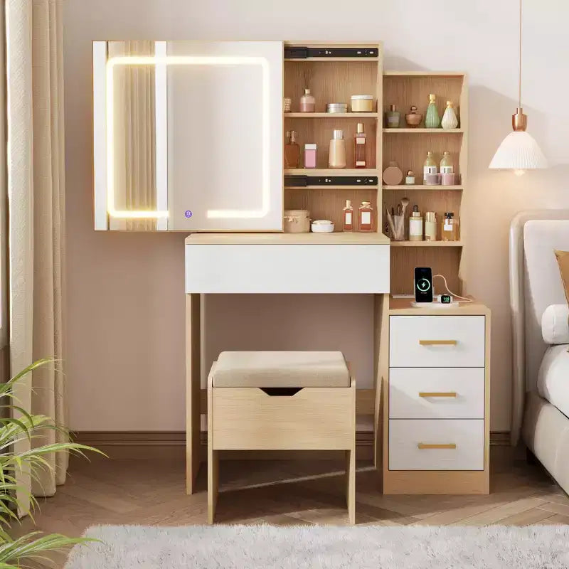 Toeletta con specchio scorrevole e luci, tavolo da trucco con sgabello e stazione di ricarica, 3 modalità di illuminazione per la camera da letto