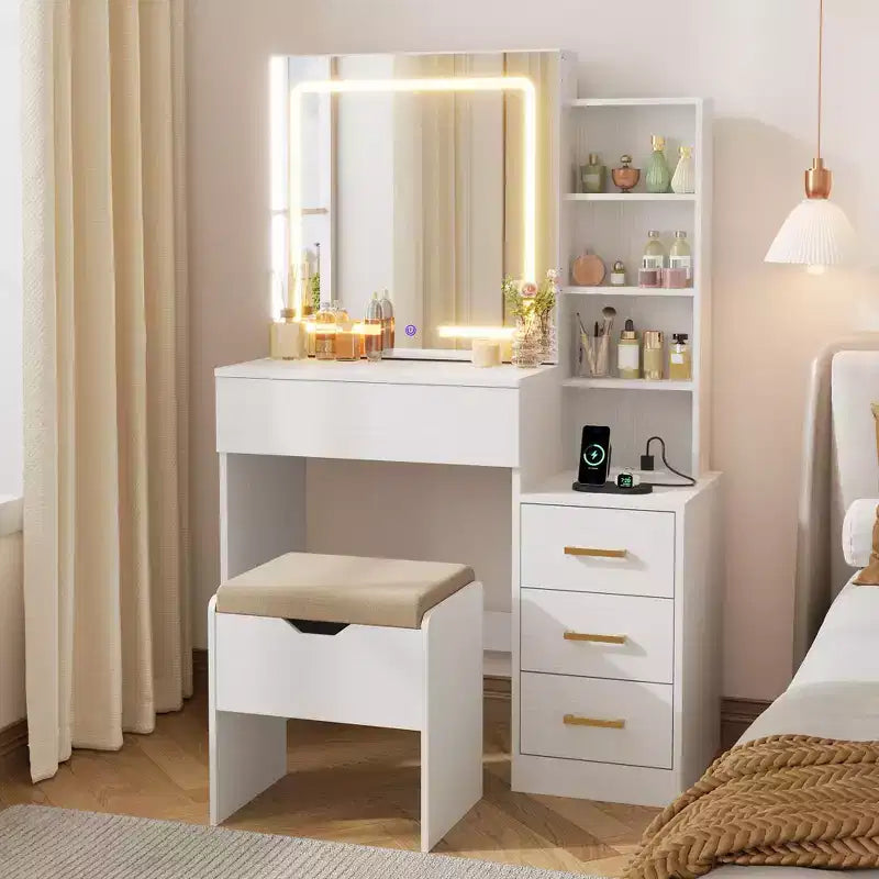 Toeletta con specchio scorrevole e luci, tavolo da trucco con sgabello e stazione di ricarica, 3 modalità di illuminazione per la camera da letto