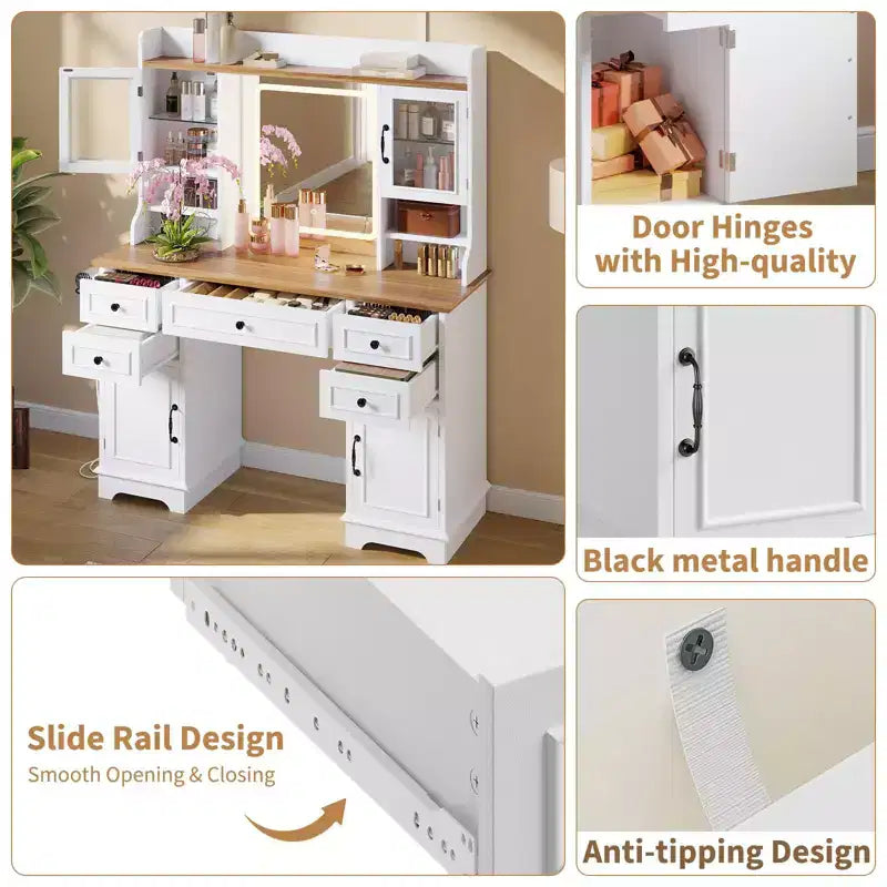 Vanity Desk with LED Lighted Mirror - 3 Color Adjustable 5 Drawers, 4 Doors & 3 Storage Shelves, Charging Station