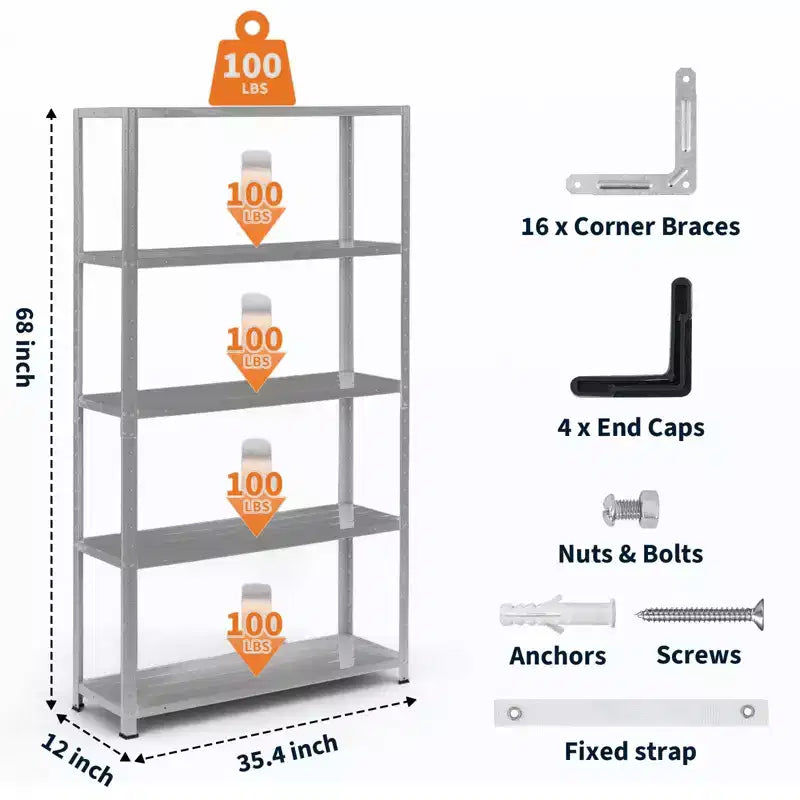Scaffale a 5 ripiani, scaffali portaoggetti, libreria in metallo, scaffalatura da garage regolabile, scaffale per dispensa resistente, 172,72A x 88,9L x 30,48P cm