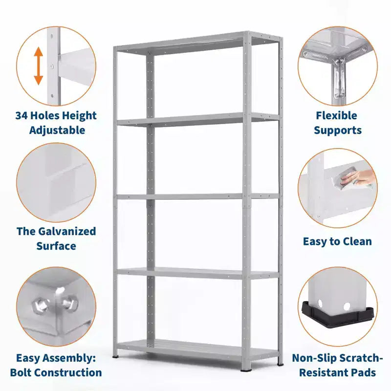Scaffale a 5 ripiani, scaffali portaoggetti, libreria in metallo, scaffalatura da garage regolabile, scaffale per dispensa resistente, 172,72A x 88,9L x 30,48P cm