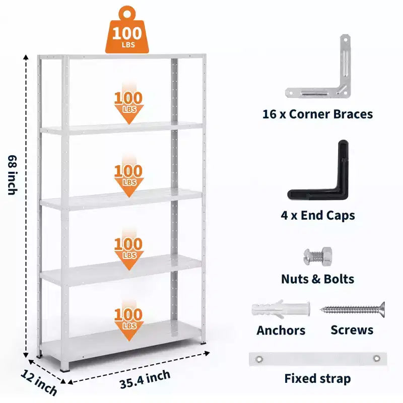 Scaffale a 5 ripiani, scaffali portaoggetti, libreria in metallo, scaffalatura da garage regolabile, scaffale per dispensa resistente, 172,72A x 88,9L x 30,48P cm