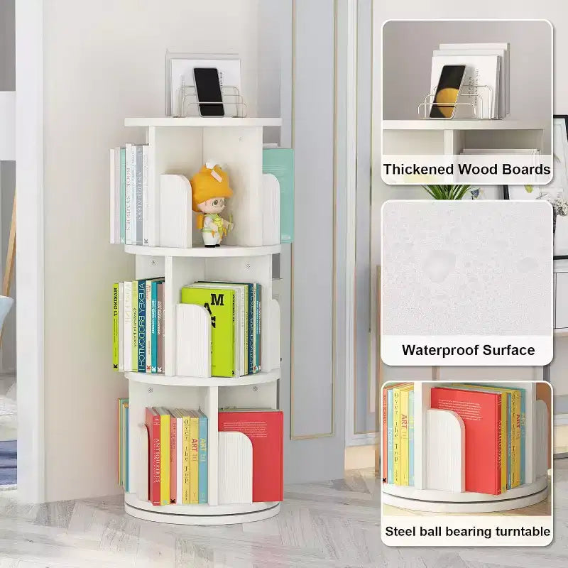 Libreria Girevole a 3 Livelli con Esposizione a 360 Gradi, Scaffale Girevole Angolare Salvaspazio, Organizzatore Portaoggetti Finitura Legno per Camera da Letto