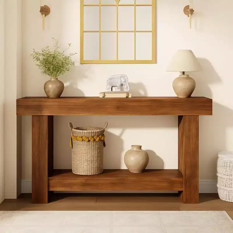 Consolle per ingresso, Consolle rustica in legno per soggiorno, Tavolo da divano a 2 ripiani grande con contenitore,