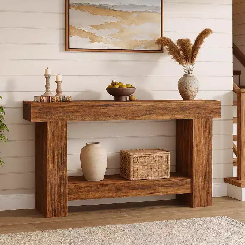 Consolle per ingresso, Consolle rustica in legno per soggiorno, Tavolo da divano a 2 ripiani grande con contenitore,