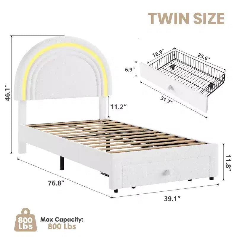 Letto singolo imbottito a LED per bambini, cassetto portaoggetti e testiera a forma di arcobaleno, letto a piattaforma Princess in pile, supporto in legno a doghe, bianco