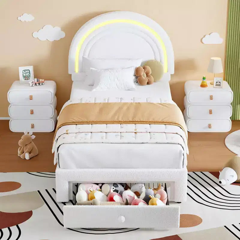 Letto singolo imbottito a LED per bambini, cassetto portaoggetti e testiera a forma di arcobaleno, letto a piattaforma Princess in pile, supporto in legno a doghe, bianco