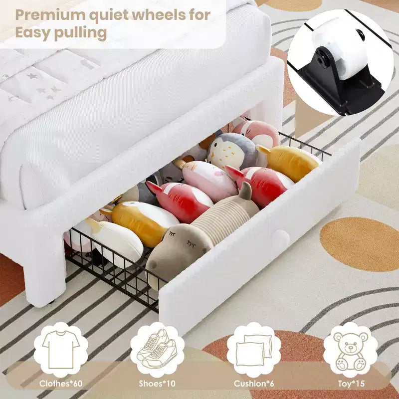 Letto singolo imbottito a LED per bambini, cassetto portaoggetti e testiera a forma di arcobaleno, letto a piattaforma Princess in pile, supporto in legno a doghe, bianco