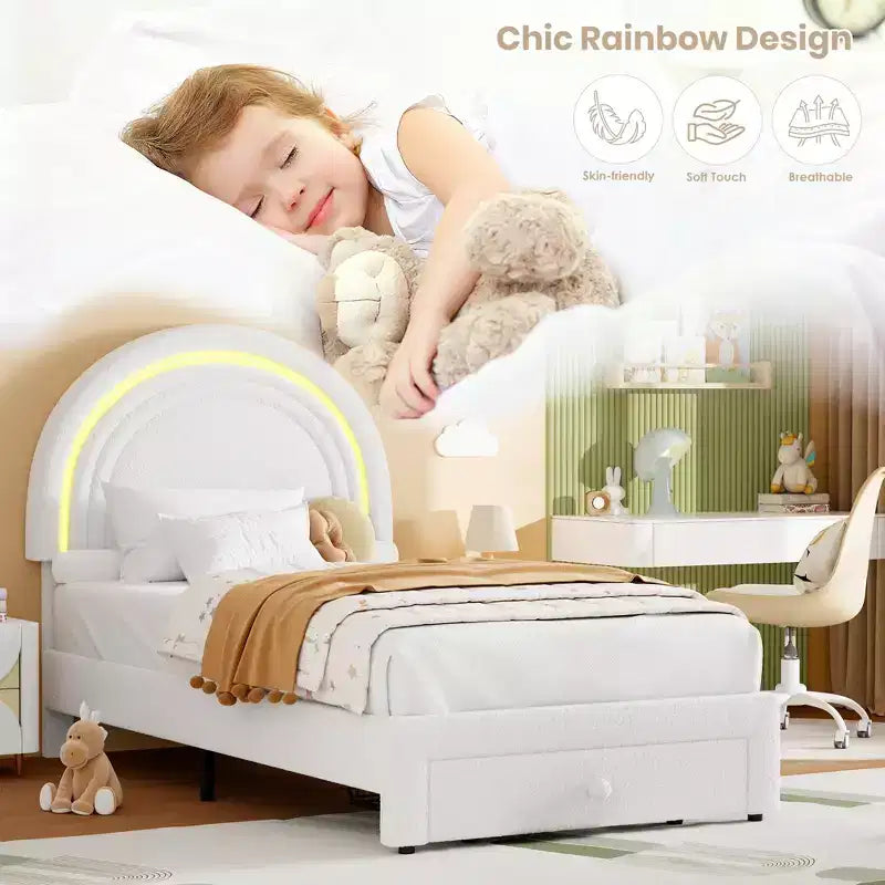 Letto singolo imbottito a LED per bambini, cassetto portaoggetti e testiera a forma di arcobaleno, letto a piattaforma Princess in pile, supporto in legno a doghe, bianco