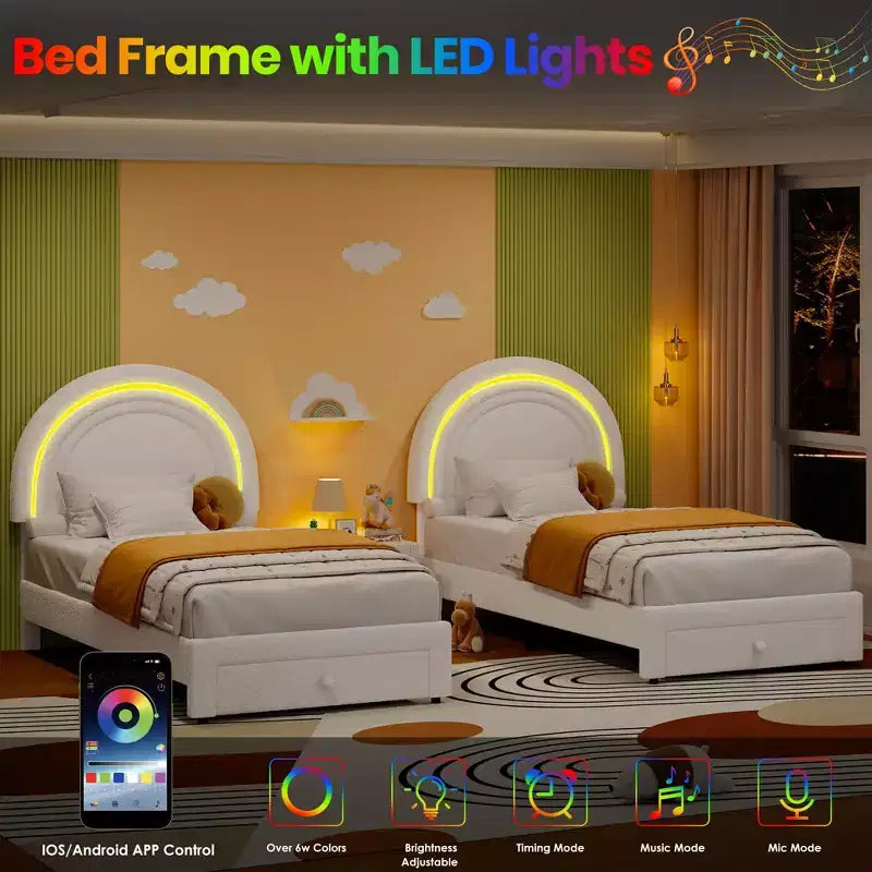 Letto singolo imbottito a LED per bambini, cassetto portaoggetti e testiera a forma di arcobaleno, letto a piattaforma Princess in pile, supporto in legno a doghe, bianco