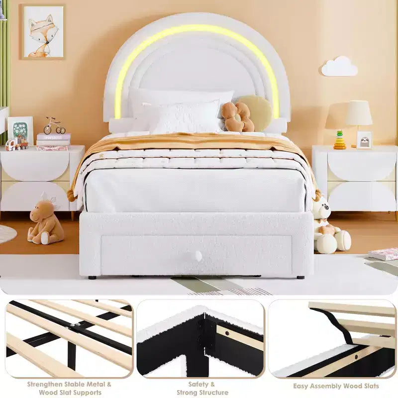 Letto singolo imbottito a LED per bambini, cassetto portaoggetti e testiera a forma di arcobaleno, letto a piattaforma Princess in pile, supporto in legno a doghe, bianco