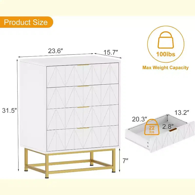 Acekool Comodino a 4 cassetti, mobile contenitore moderno con gambe dorate per camera da letto, soggiorno, 60x40x80cm