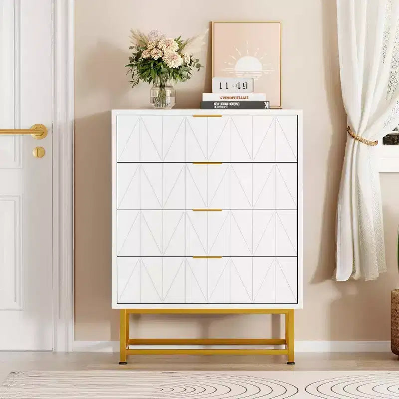 Acekool Comodino a 4 cassetti, mobile contenitore moderno con gambe dorate per camera da letto, soggiorno, 60x40x80cm