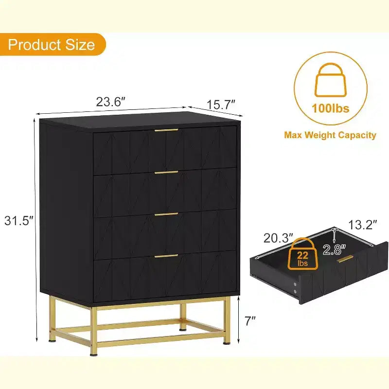 Acekool Comodino a 4 cassetti, mobile contenitore moderno con gambe dorate per camera da letto, soggiorno, 60x40x80cm