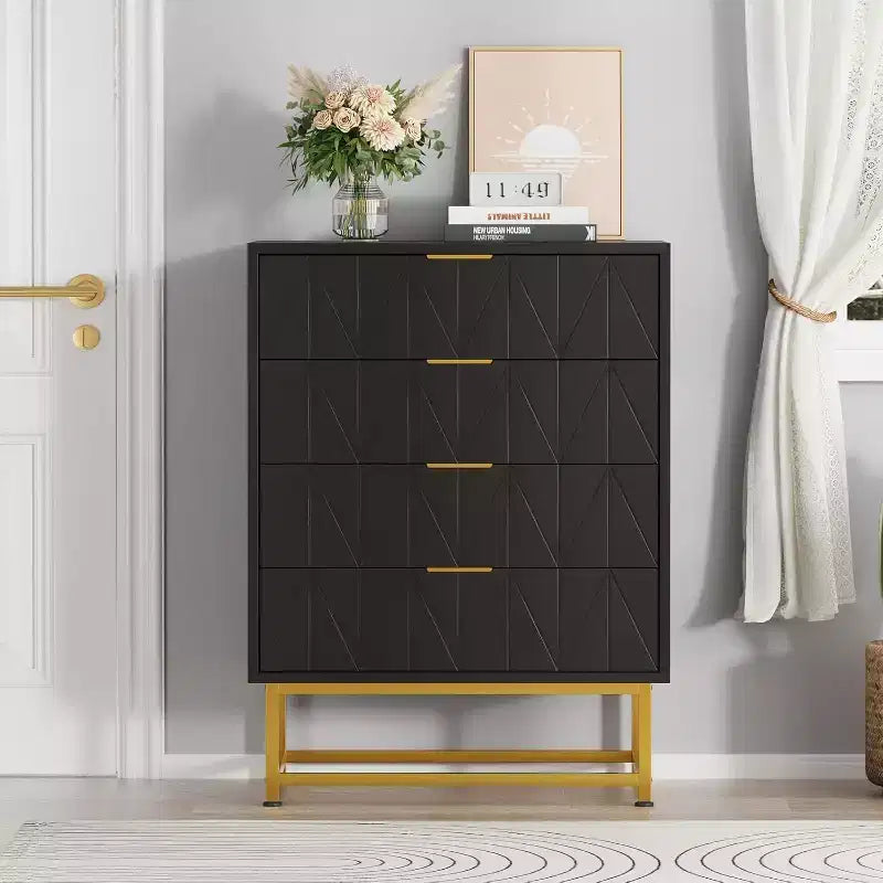 Acekool Comodino a 4 cassetti, mobile contenitore moderno con gambe dorate per camera da letto, soggiorno, 60x40x80cm