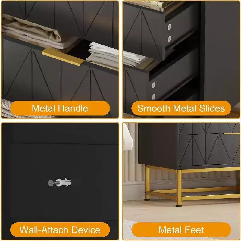 Acekool Comodino a 4 cassetti, mobile contenitore moderno con gambe dorate per camera da letto, soggiorno, 60x40x80cm