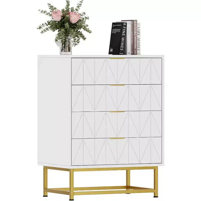 Acekool Comodino a 4 cassetti, mobile contenitore moderno con gambe dorate per camera da letto, soggiorno, 60x40x80cm