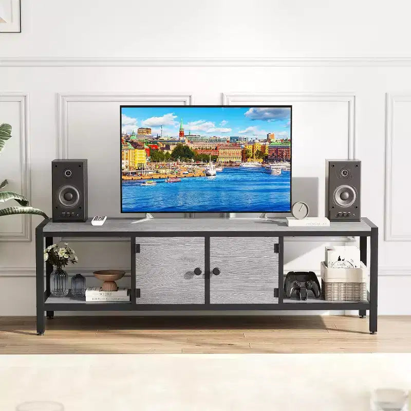 Mobile TV con Contenitore, Porta TV Rustico Marrone con Armadietti Chiusi e Ripiani Aperti, Consolle Multimediale Multifunzionale