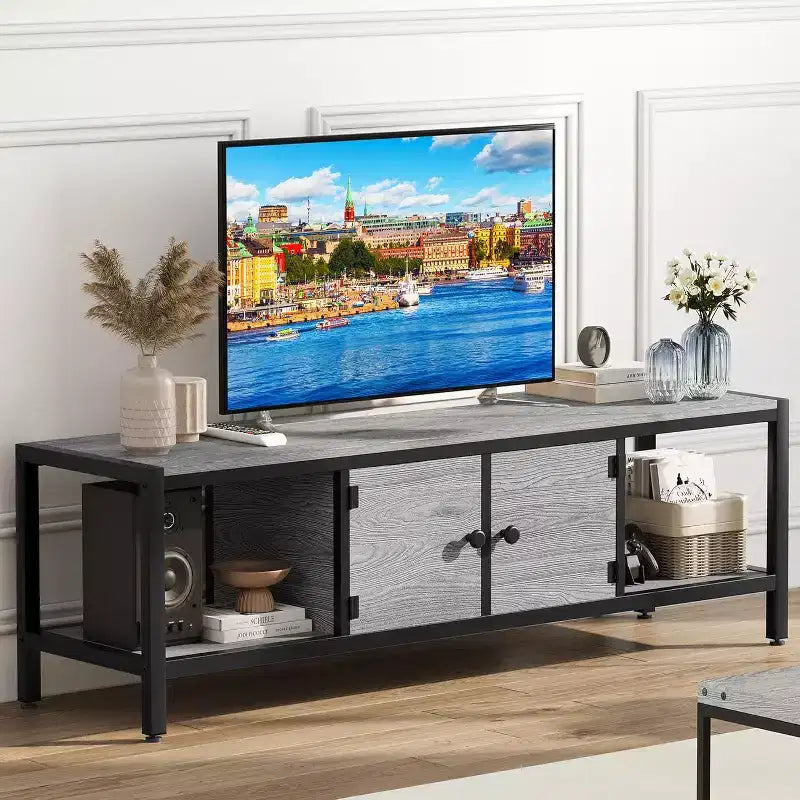 Mobile TV con Contenitore, Porta TV Rustico Marrone con Armadietti Chiusi e Ripiani Aperti, Consolle Multimediale Multifunzionale