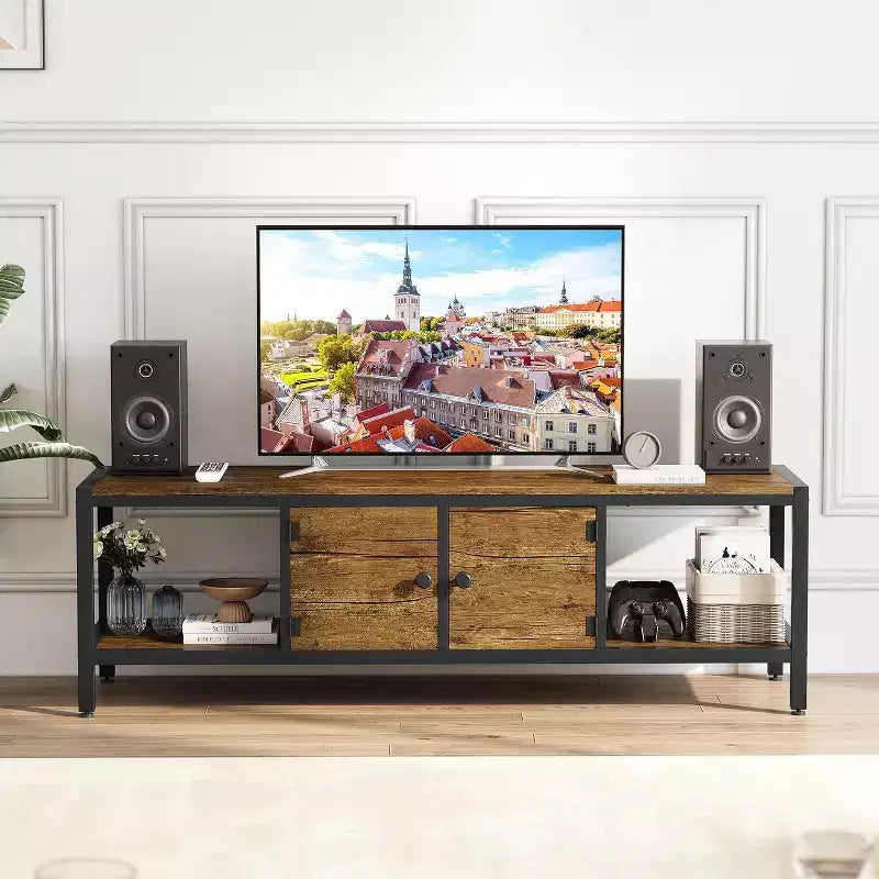 Mobile TV con Contenitore, Porta TV Rustico Marrone con Armadietti Chiusi e Ripiani Aperti, Consolle Multimediale Multifunzionale