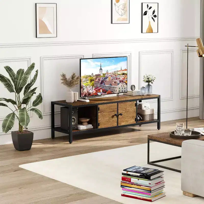 Mobile TV con Contenitore, Porta TV Rustico Marrone con Armadietti Chiusi e Ripiani Aperti, Consolle Multimediale Multifunzionale
