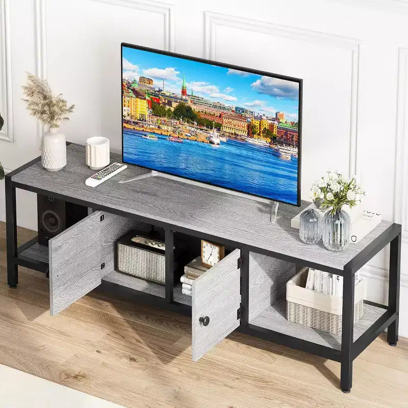 Mobile TV con Contenitore, Porta TV Rustico Marrone con Armadietti Chiusi e Ripiani Aperti, Consolle Multimediale Multifunzionale