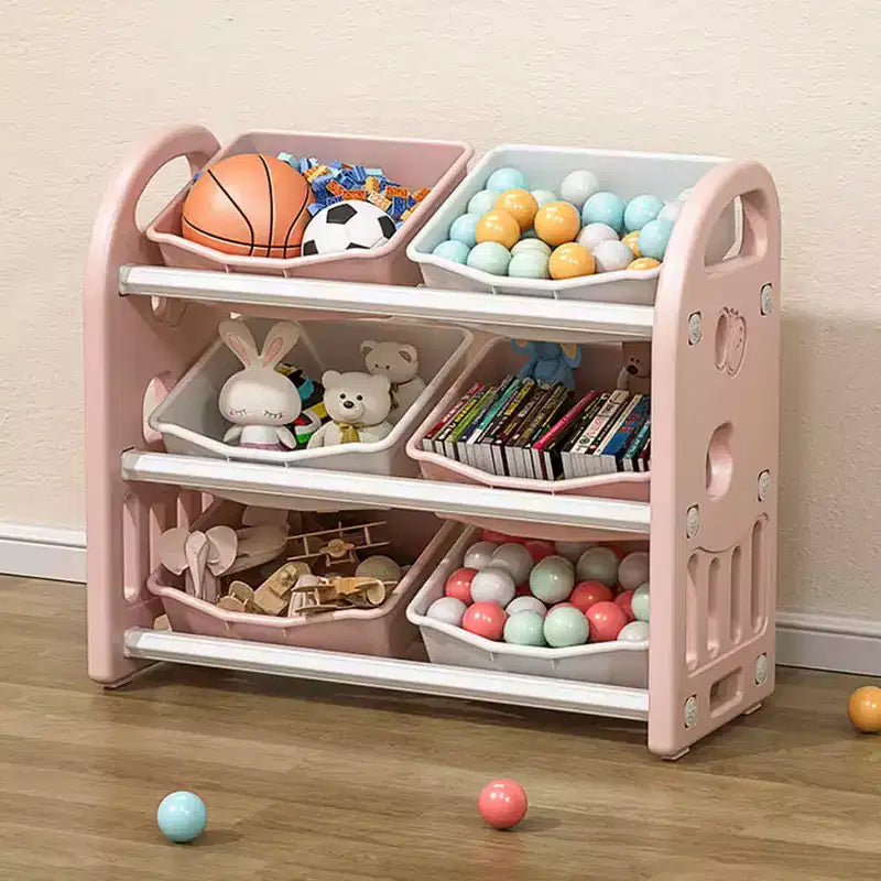 MAYEERTY Organizer Giocattoli per Bambini, Scaffale Multifunzionale con 6 Cesti in HDPE, per Sala Giochi, Cameretta, Soggiorno, Rosa