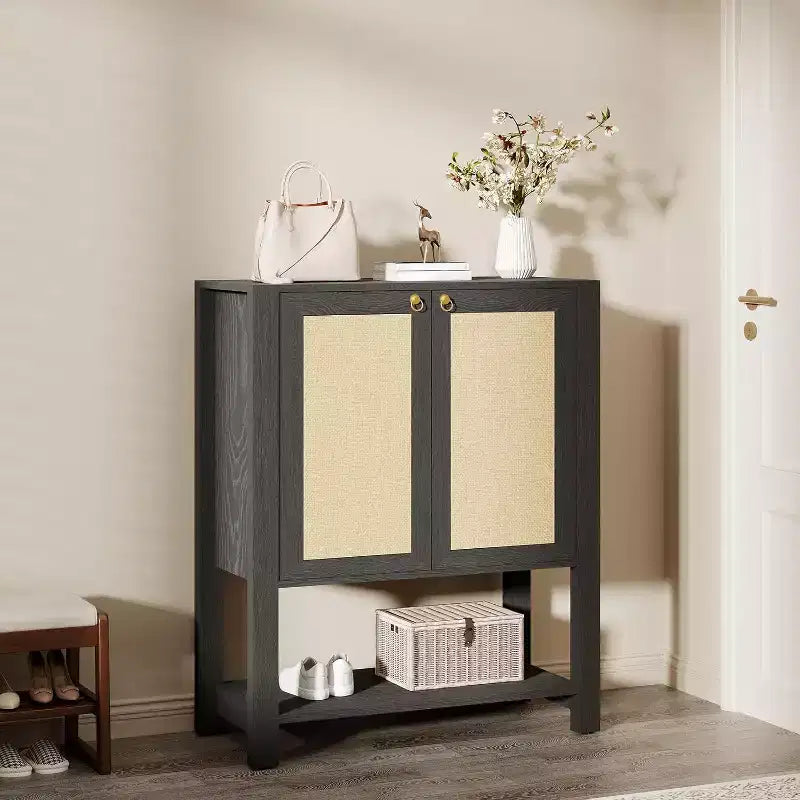 Scarpiera in Rattan per Ingresso, Mobile Organizer Rustico a 5 Ripiani Stretto con 2 Ante