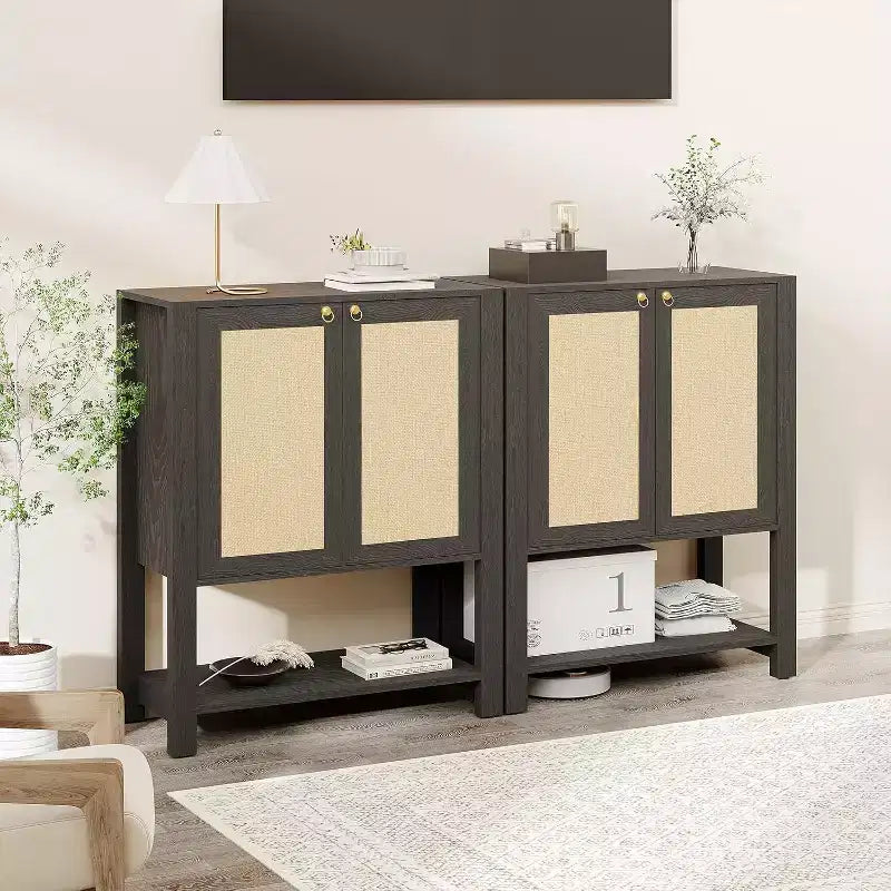 Scarpiera in Rattan per Ingresso, Mobile Organizer Rustico a 5 Ripiani Stretto con 2 Ante
