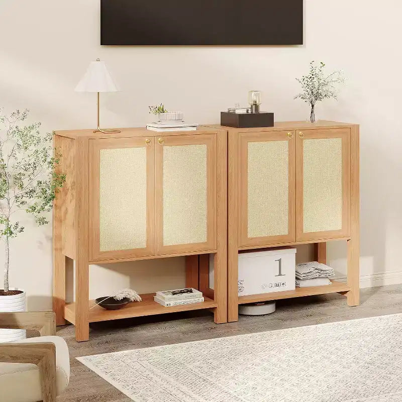 Scarpiera in Rattan per Ingresso, Mobile Organizer Rustico a 5 Ripiani Stretto con 2 Ante