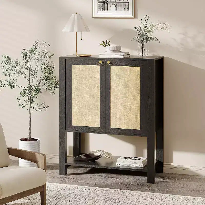 Scarpiera in Rattan per Ingresso, Mobile Organizer Rustico a 5 Ripiani Stretto con 2 Ante