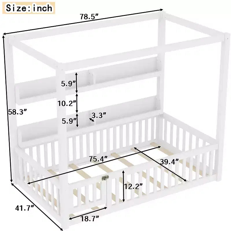 Struttura letto a baldacchino Montessori doppia/matrimoniale con mensole integrate e spondine di sicurezza - ModernLuxe