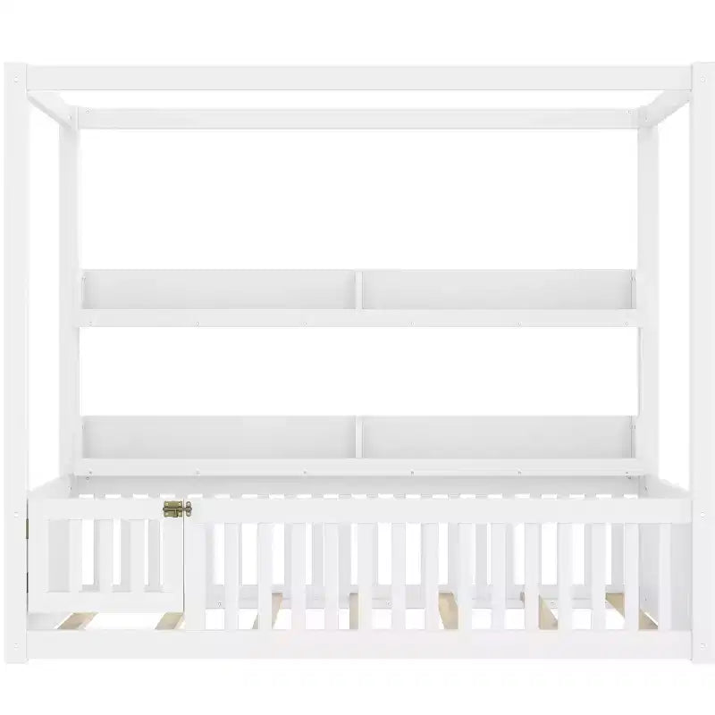 Struttura letto a baldacchino Montessori doppia/matrimoniale con mensole integrate e spondine di sicurezza - ModernLuxe