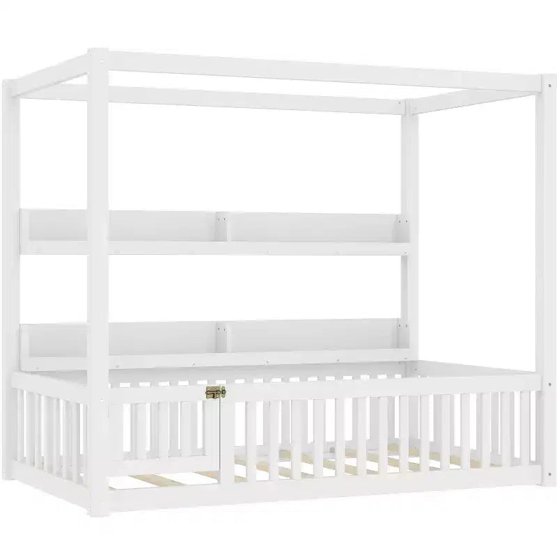 Struttura letto a baldacchino Montessori doppia/matrimoniale con mensole integrate e spondine di sicurezza - ModernLuxe