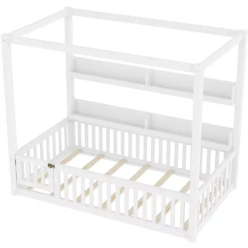 Struttura letto a baldacchino Montessori doppia/matrimoniale con mensole integrate e spondine di sicurezza - ModernLuxe