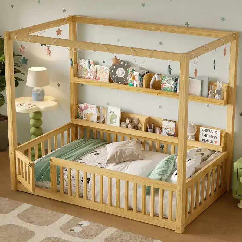 Struttura letto a baldacchino Montessori doppia/matrimoniale con mensole integrate e spondine di sicurezza - ModernLuxe