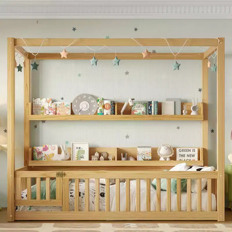 Struttura letto a baldacchino Montessori doppia/matrimoniale con mensole integrate e spondine di sicurezza - ModernLuxe