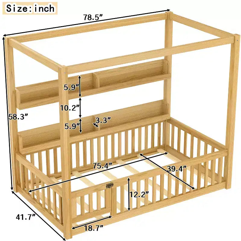 Struttura letto a baldacchino Montessori doppia/matrimoniale con mensole integrate e spondine di sicurezza - ModernLuxe