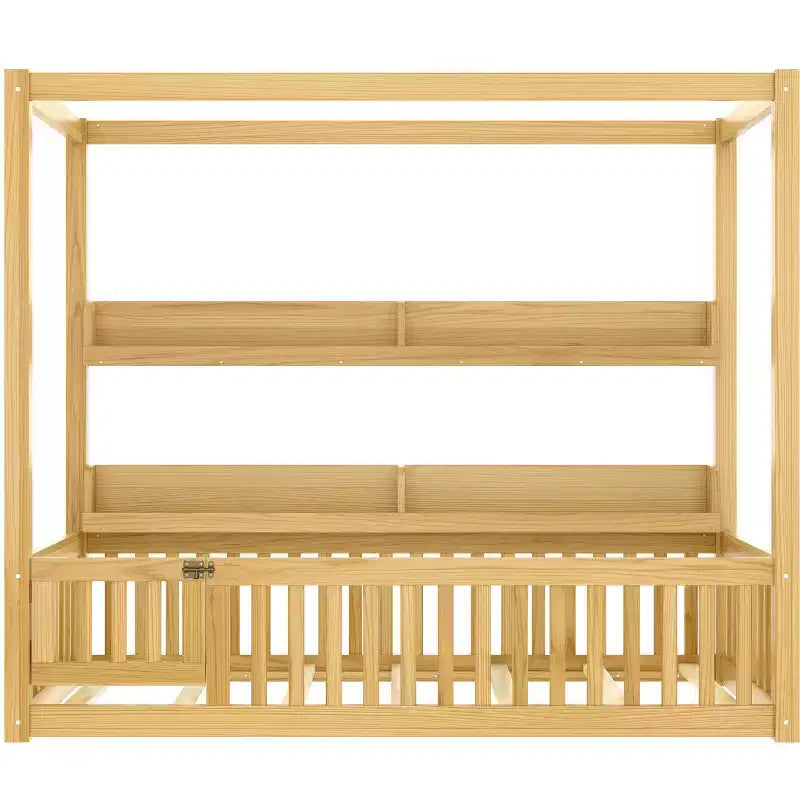 Struttura letto a baldacchino Montessori doppia/matrimoniale con mensole integrate e spondine di sicurezza - ModernLuxe