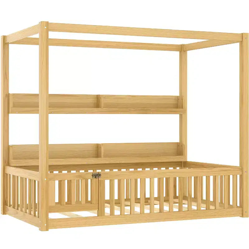 Struttura letto a baldacchino Montessori doppia/matrimoniale con mensole integrate e spondine di sicurezza - ModernLuxe