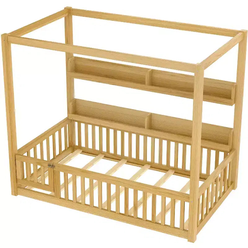 Struttura letto a baldacchino Montessori doppia/matrimoniale con mensole integrate e spondine di sicurezza - ModernLuxe