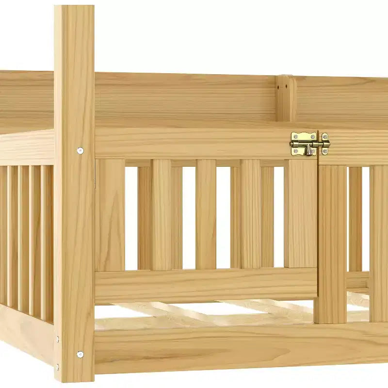 Struttura letto a baldacchino Montessori doppia/matrimoniale con mensole integrate e spondine di sicurezza - ModernLuxe
