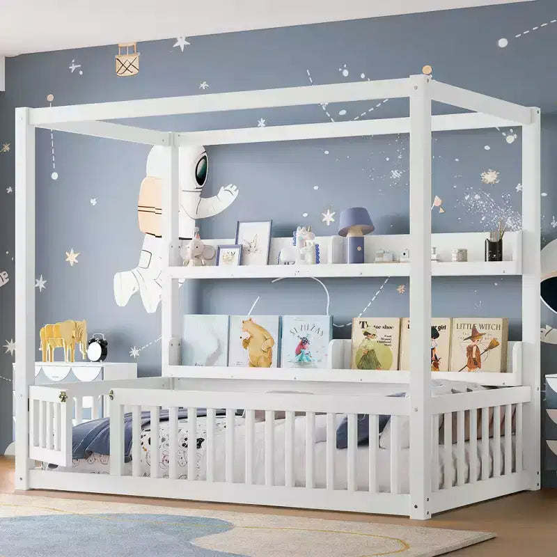 Struttura letto a baldacchino Montessori doppia/matrimoniale con mensole integrate e spondine di sicurezza - ModernLuxe